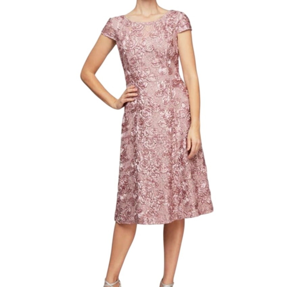 Alex Evenings Audrey Rosette Lace Short Dress Mauve Pink Sequin Size 10 Cocktail